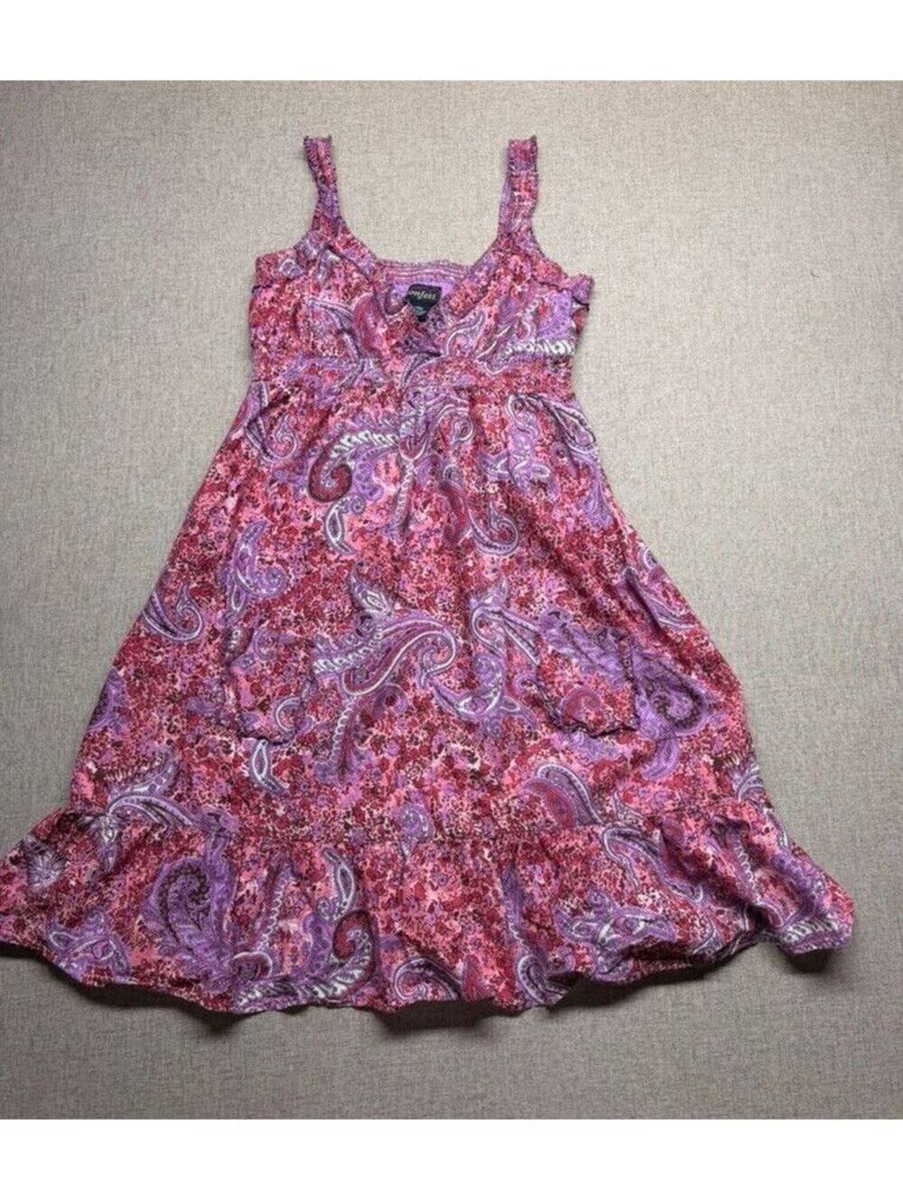 Vintage Y2K Confess Pink Purple Paisley Cotton Sundress Midi Smocked Pocket L